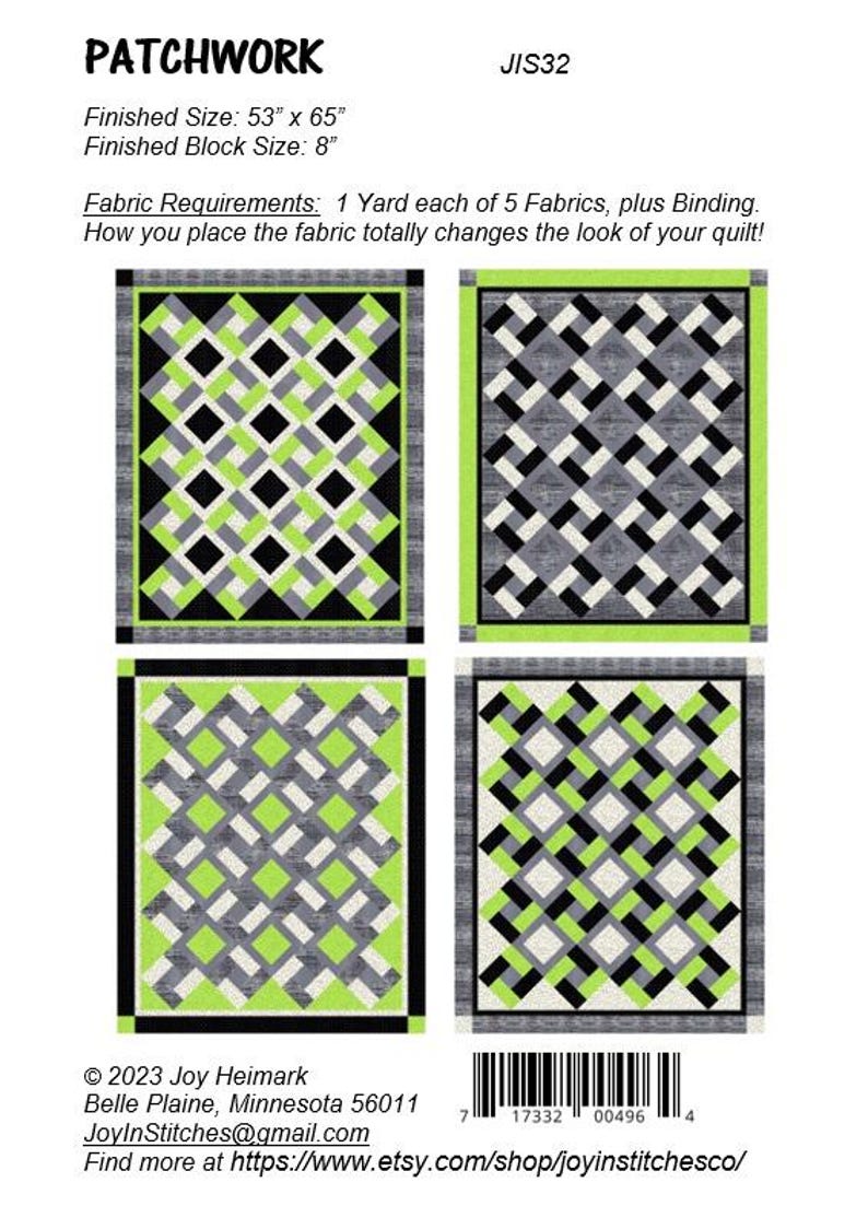 K&ouml;nnte beinhalten: Ein Patchwork-Quilt-Muster mit vier Variationen. Die fertige Gr&ouml;&szlig;e betr&auml;gt 135 cm x 165 cm. Jedes Design zeigt geometrische Muster in Schwarz, Grau, Wei&szlig; und Limettengr&uuml;n. Der Text "PATCHWORK" und "JIS32" stehen oben.