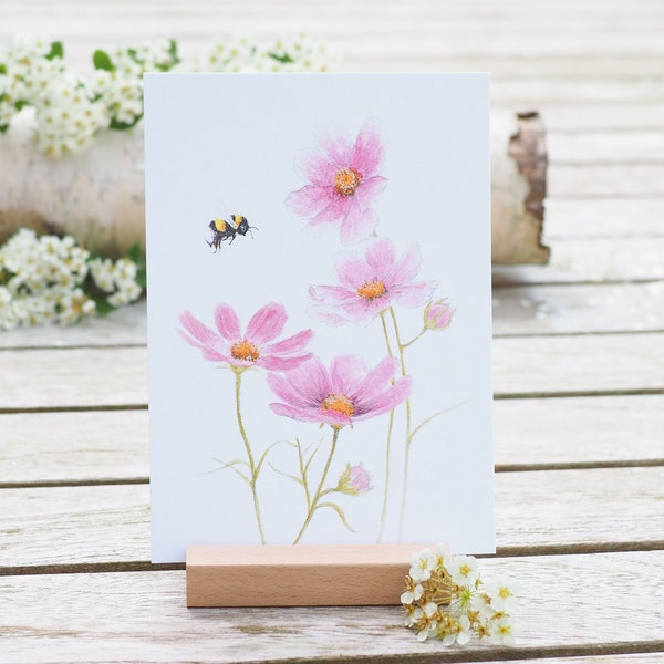 Karte / Kunstdruck /Grußkarte mit Cosmea Blume und Hummel auf feinstem Cotton-Papier Schmuckkörbchen rosa Biene