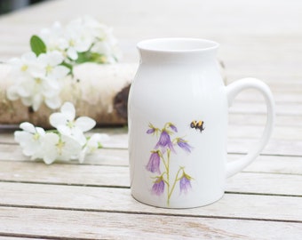 Milk jug / vase with bellflower and bumblebee, 450ml, jug, gift idea bright days vintage decoration