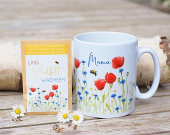 Gift set: Ceramic mug "Poppies with writing Mama" + organic flower seeds + gift box - coffee mug Mama Mother's Day