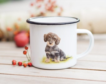 Tasse Emaille mit Namen personalisierbar  "Niedlicher Hund" Geschenkidee Helle Tage  Camping Freundin Mama