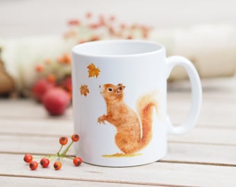 Mug with name personalizable, 330 ml, "Squirrel with leaves" - Bright days coffee mug tea cup cute cutie