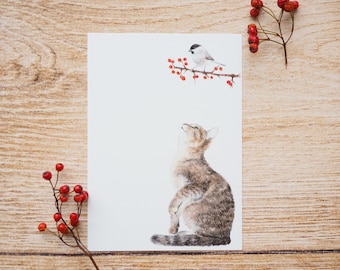 Card / art print / greeting card with hand-painted cat and titmouse on the finest cotton paper 300g Tomcat Cheeky Puss