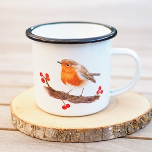 Cup enamel customizable with name "Robin with berries" gift idea bright days camping girlfriend mom