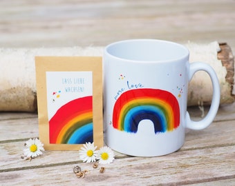 Gift set: Ceramic mug "Rainbow with More Love" + organic flower seeds + gift box - coffee mug mom Mother's Day LGBTQA+