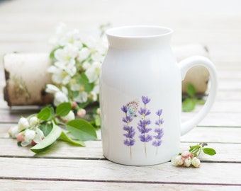 Jarra/jarrón de leche con lavanda y mariposa, 450 ml, idea de regalo de jarra días brillantes vintage hecho a mano