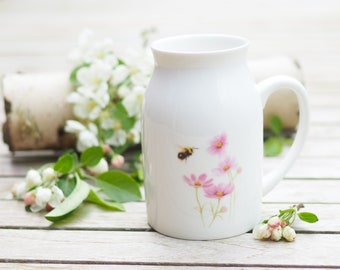 Jarra/jarrón de leche con flor rosa y abejorro, 450 ml, idea de regalo de jarra días brillantes vintage Cosmea