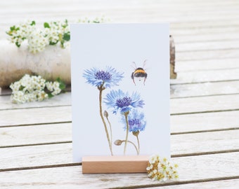 Card / Art print / Greeting card with cornflower and bumblebee on finest cotton paper jewelry basket blue bee