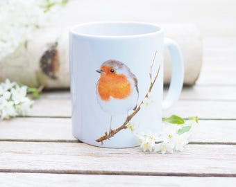 Mug with name personalizable "Robin with flowers" - Bestseller Nature Bright Days Coffee Mug Tea Cup robin cute