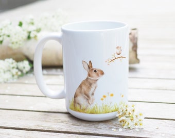 Teacup, personalizable, large cup "Bunny with Wren" - bestseller gift idea bright days coffee pot rabbit hare jumbo cup