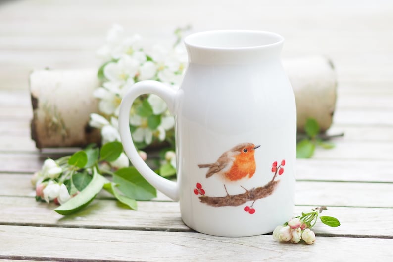 Brocca per latte/vaso con pettirosso e bacche pregiate, 450 ml, brocca, idea regalo Bright Days vintage immagine 2