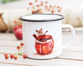 Enamel mug handmade, personalizable with name "Baked apple with mouse" gift idea Bright days camping
