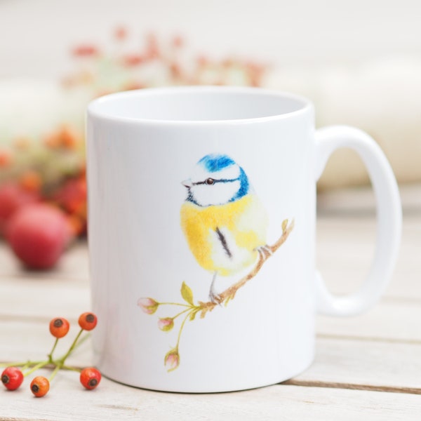 Tasse mit Namen personalisierbar, 330 ml, "Neugierige Blaumeise" - Bestseller Natur Helle Tage Kaffeetasse Teetasse Gartenvögel