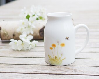 Milk jug / vase with watercolor dandelion and bumblebee, 450ml, jug, gift idea bright days vintage decoration