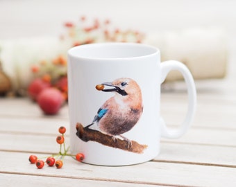 Mug with name personalizable, 330 ml, "Fine Jay" - Bestseller Nature Bright Days Coffee Mug Tea Cup Forest Bird