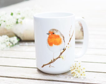 Teacup, personalizable, large cup "Robin in Spring" - bestseller gift idea bright days coffee pot Robin jumbo cup