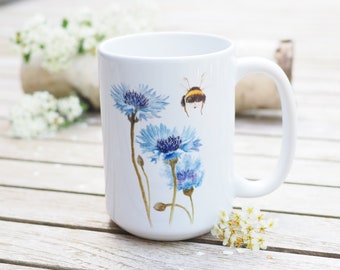 Teacup, personalizable, large cup "Bumblebee butt with cornflower" - bestseller gift idea bright days coffee pot flowers blue jumbo cup