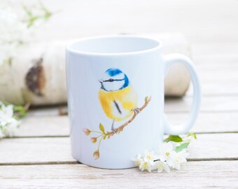 Mug, personalizable with name, 330 ml, "Curious Blue Tit" - Bestseller Nature Bright Days Coffee Mug Tea Cup Garden Birds