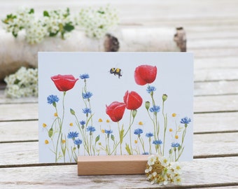 Card / art print / greeting card with red-blue flower meadow on finest cotton paper Bright Days Birthday Postcard