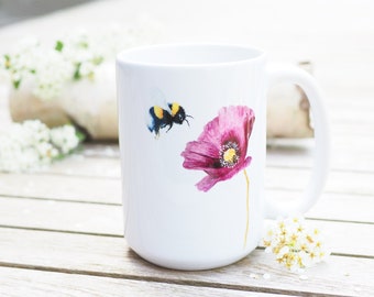 Teacup, personalizable, large cup "Bumblebee with poppy" - Bestseller gift idea Bright days coffee pot Flowers Pink Purple jumbo cup