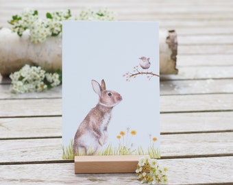 Card / Art Print / Greeting Card with Bunny and Wren on finest cotton paper Bright Days Birthday Postcard