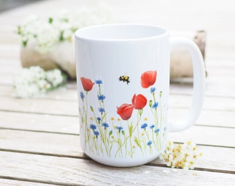 Teacup, large cup "Poppies and Cornflowers" - Bestseller gift idea Bright days coffee pot Flowers red blue jumbo cup