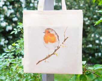 Beutel Tasche Einkaufstasche aus Bio-Baumwolle "Rotkehlchen im Frühling", langer Henkel, Geschenk für sie, Helle Tage, Nachhaltigkeit