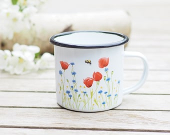 Enamel mug with name personalizable "flower meadow with poppy" gift idea bright days camping girlfriend mom