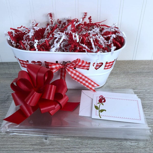 DIY Gift Basket Kit, Gingham Ribbon White Tin Basket, Empty Gift Basket, Gift Basket Wrapping Kit, Gift Basket Packaging, DIY Gift Packaging