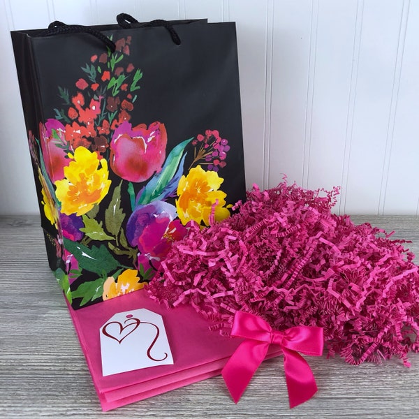 8” x 10” x 4” Floral Gift Bag Kit, Gift Bag, Crinkle Paper, Tissue Paper, Gift Tag, Bow, For All Occasions, For Her, Ready to Ship