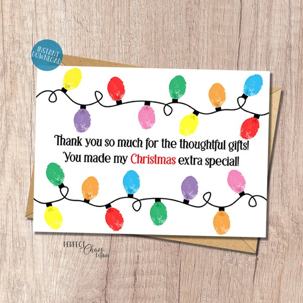 Printable Christmas Thank You Card from Child, Fingerprint Craft for Kids, Christmas Activity for Toddlers, Thumbprint Craft, Thank you note