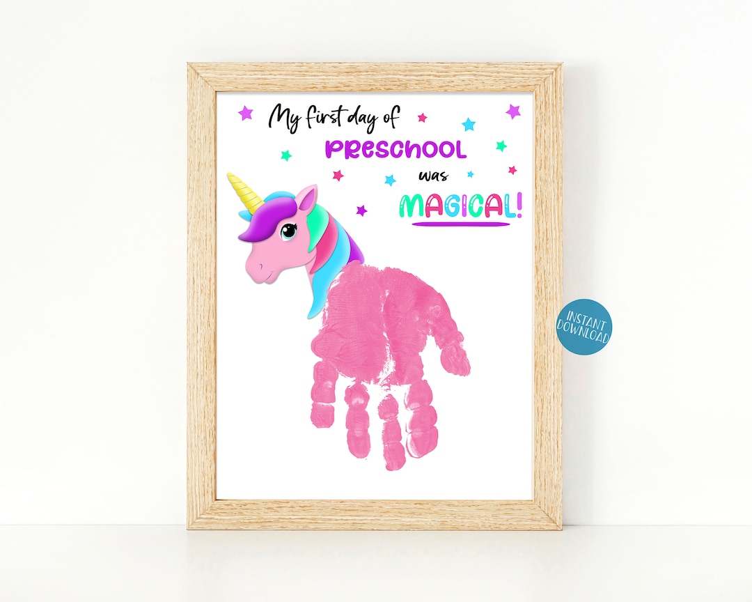 First Day of Preschool Handprint Art, Back to School Printable, Unicorn ...