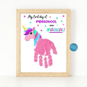 First Day of Preschool Handprint Art, Back to School Printable, Unicorn ...