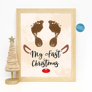 Mein erstes Rentier zu Weihnachten, Handabdruck, Weihnachtsweihnachtsgeschenk für Kinder, druckbare Weihnachtskarte, DIY Kinderhandwerk, Baby-Fußabdruck-Andenken