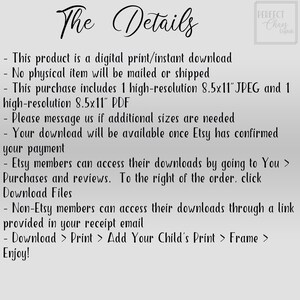 Pu&ograve; includere: Testo su sfondo bianco con il titolo "The Details" e un elenco di dettagli su un download di stampa digitale. Il testo include informazioni sul formato del file, la dimensione e come accedere al download.