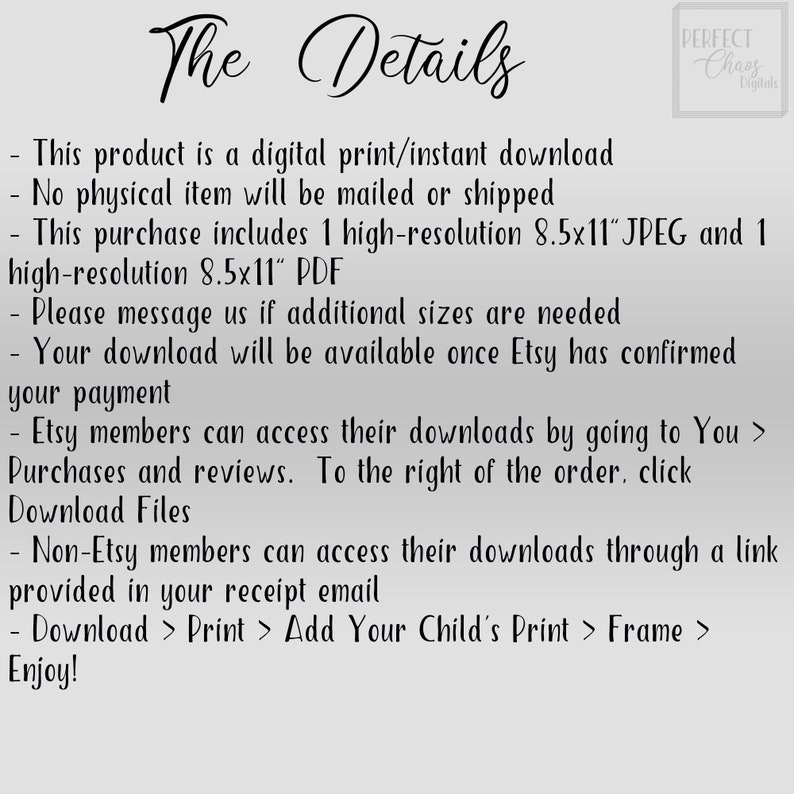 Pu&ograve; includere: Testo su sfondo bianco con il titolo "The Details" e un elenco di dettagli su un download di stampa digitale. Il testo include informazioni sul formato del file, la dimensione e come accedere al download.
