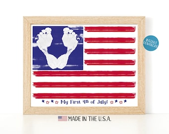 First Fourth of July American Flag Handprint Art, Independence Day, America Footprint Craft, July 4th Baby Footprint Art, DIY Kid Craft