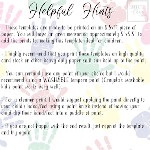 May include: Helpful Hints for printing handprint templates on A4 paper. The text recommends using high quality card stock or washable tempera paint for best results.
