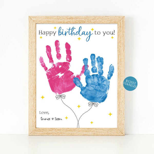 Balloon Handprint Craft Birthday Card, Printable Birthday Card Memory Keepsake, Handprint Art Gift from Kids, Gift for Parents Grandparents