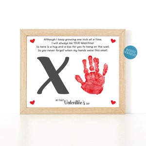 Knuffels en kussen XO handafdruk kunstproject voor kinderen, gedicht mijn eerste Valentijnsdag aandenken, Valentijnsdagkaart, handafdruk baby