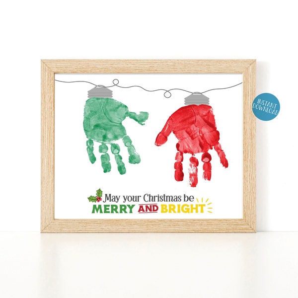 Handprint Christmas lights, Handprint Art project for kids, Merry and Bright DIY Kid Craft Kit, Christmas craft for kids, Printable card