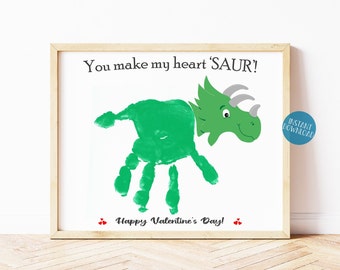 Valentijnsdag handafdruk kunst, doe-het-zelf Valentijnsdag, doe-het-zelf kind knutselen, dinosaurus Valentijnsdag kaart, handafdruk peuter, hart saur