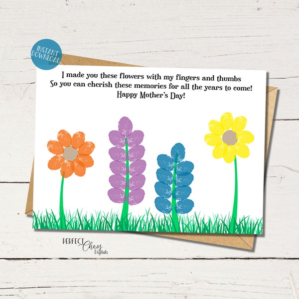 Mothers Day card, Toddler Craft, Flower Fingerprint Art, DIY Kid Craft, Printable Mother's Day card from child, Thumbprint Art project