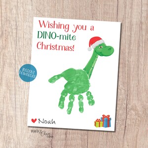 Kersthandafdrukkunst, doe-het-zelfkerstkaart, doe-het-zelfkinderen, kerstherinnering, dinosauruskerstkaart van kinderen, handafdruk voor kinderen