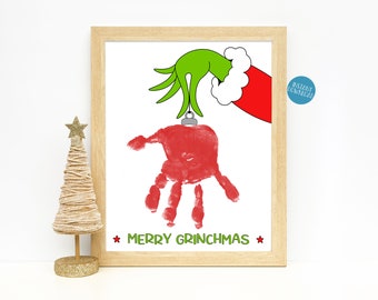 Christmas Handprint Art project for kids, Grinch Handprint Craft Keepsake, Printable DIY Kid Craft Kit, Christmas craft Baby Toddler Hands