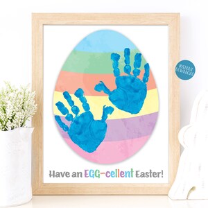 Art d'empreinte de main de Pâques Eggcellent, souvenir d'empreinte de main d'oeuf de Pâques, travaux manuels d'enfant de DIY, carte de Joyeuses Pâques, projet d'empreinte de pas de bambin de Pâques