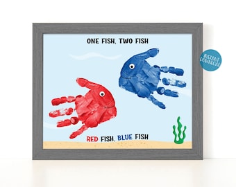 Dr Seuss Handprint Art for Kids, One fish two fish red fish blue fish handprint crafts for school, Preschool Elementary classroom printable
