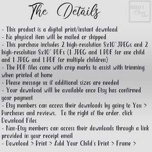 May include: Text on a gray background with the title "The Details" and a list of details about a digital print/instant download. The text includes information about the product being a digital download, the file sizes, and how to access the download.