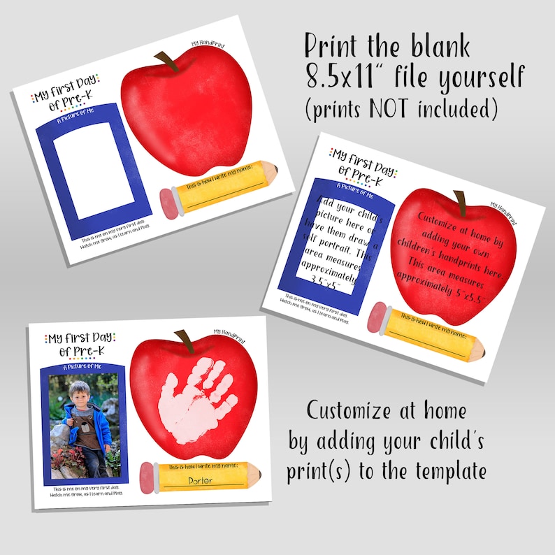 Puede incluir: Plantilla imprimible de 8,5 x 11 pulgadas para el primer d&iacute;a de preescolar de un ni&ntilde;o. La plantilla presenta una manzana roja con espacio para una foto o una huella de mano. El texto "My First Day of Pre-K" est&aacute; en la parte superior de la plantilla.