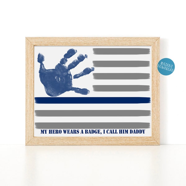 Police Officer Gift for Dad, Gift from Kids, Dad Gift, Child Handprint Art, Birthday Gift for Dad, My Hero Wears a Badge, DIY Kid Craft